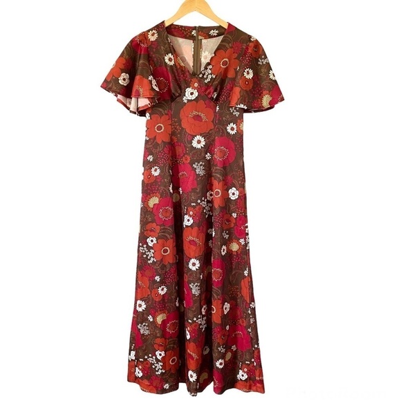 Vintage 60s Psychedelic Floral Maxi Dress Hawaiian Flutter Sleeve Womens Small - Picture 1 of 11
